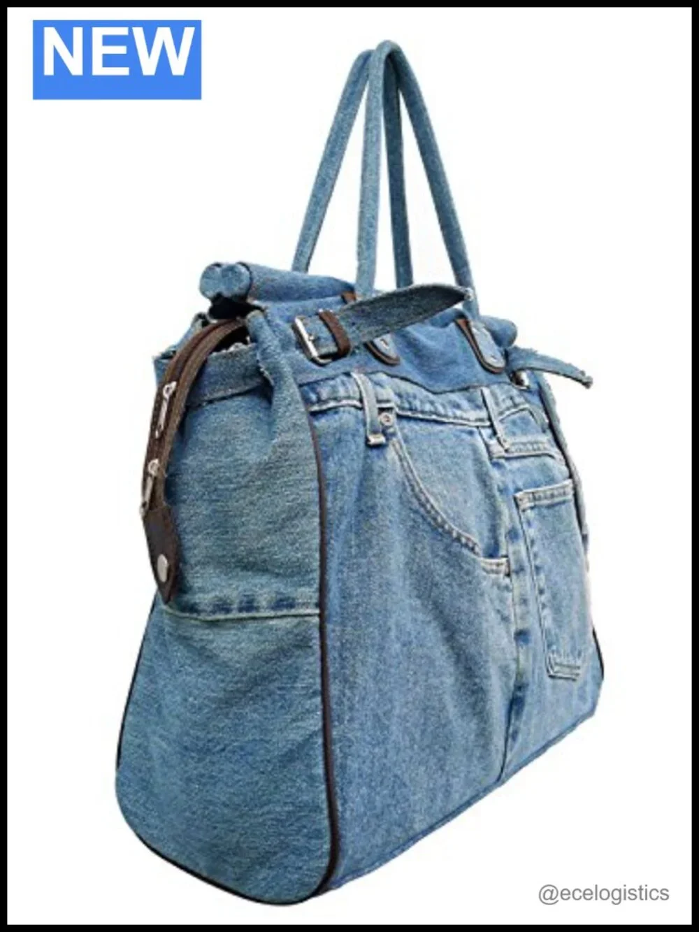 Large Upcycled Denim Tote Bag with Double Handles and Zipper Top